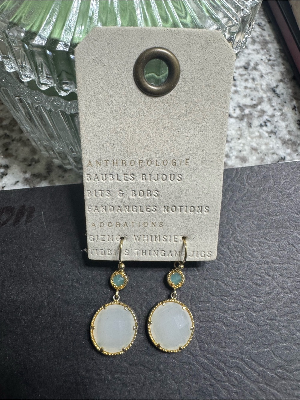 Anthropologie Gold and White Drop Earrings with Teal Accents